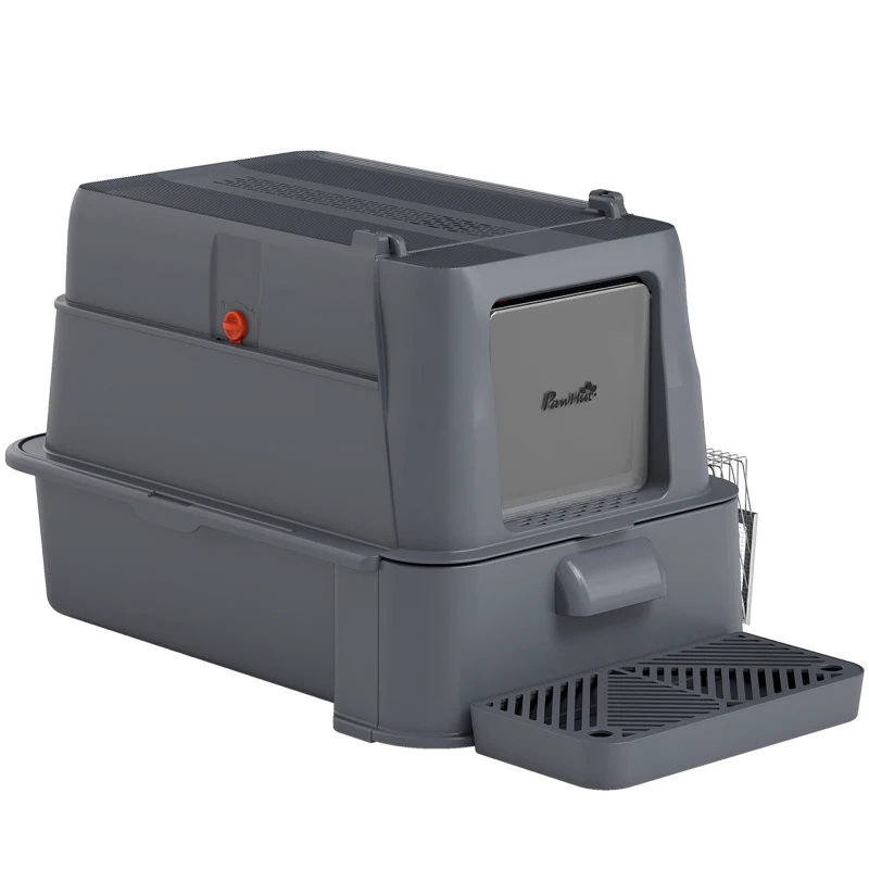 PawHut Litieră Închisă de 80L pentru Pisici cu Tavă Detașabilă, în ABS și Oțel Inoxidabil, 63x43x43 cm, Gri Închis