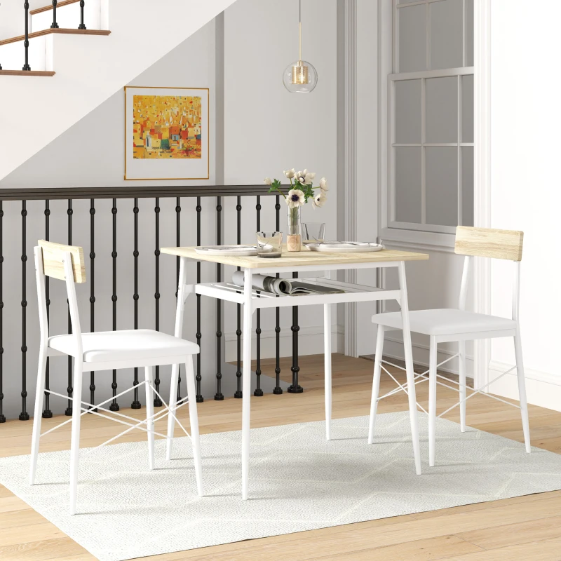 HOMCOM Dining table and chairs set, kitchen table with chairs, steel frame, with 2 tuck-under chairs, white and oak