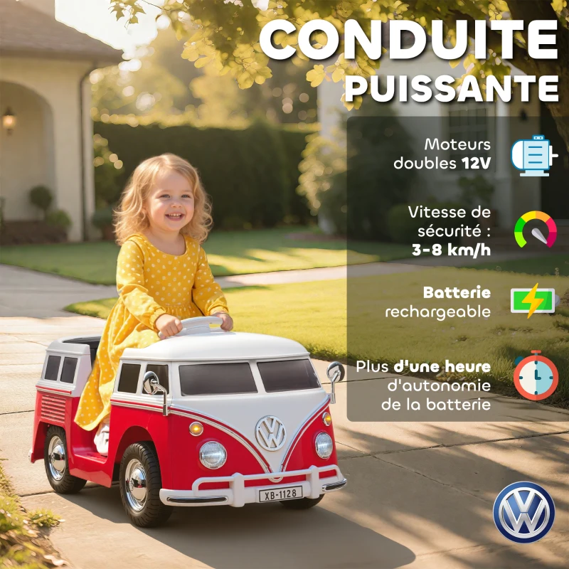 AIYAPLAY Voiture électrique enfant Volkswagen T1 sous licence officielle 12 V avec 2 moteurs démarrage doux 89x49x41,5cm rouge(m-5)