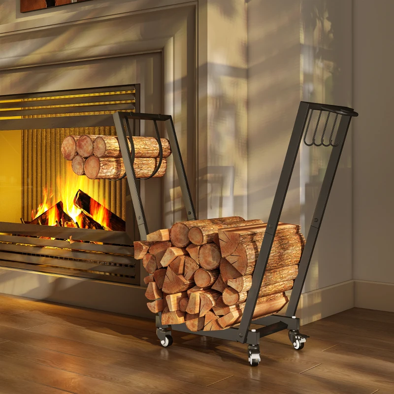Outsunny Indoor Log Rack firewood storage with side hooks wheels max load 50 kg, 79 x 30 x 81 cm metal black