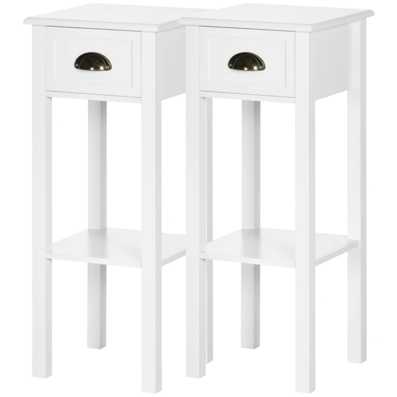 HOMCOM Set of 2 Side Tables End Table Pedestal - drawer, shelf - dim. 30L x 30l x 75H cm - shell handles Aged Brass MDF White