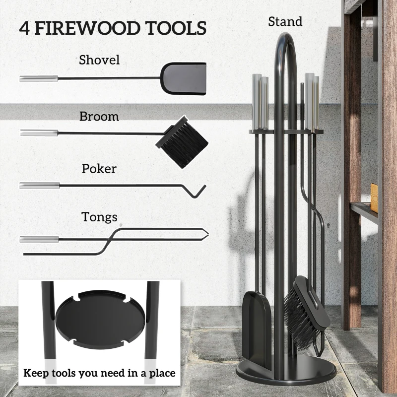 Outsunny 5 Pieces Fireplace Tools Set, Metal Fireplace Accessories Fireside Companion Set with Broom, Shovel, Poker and Bucket, Silver