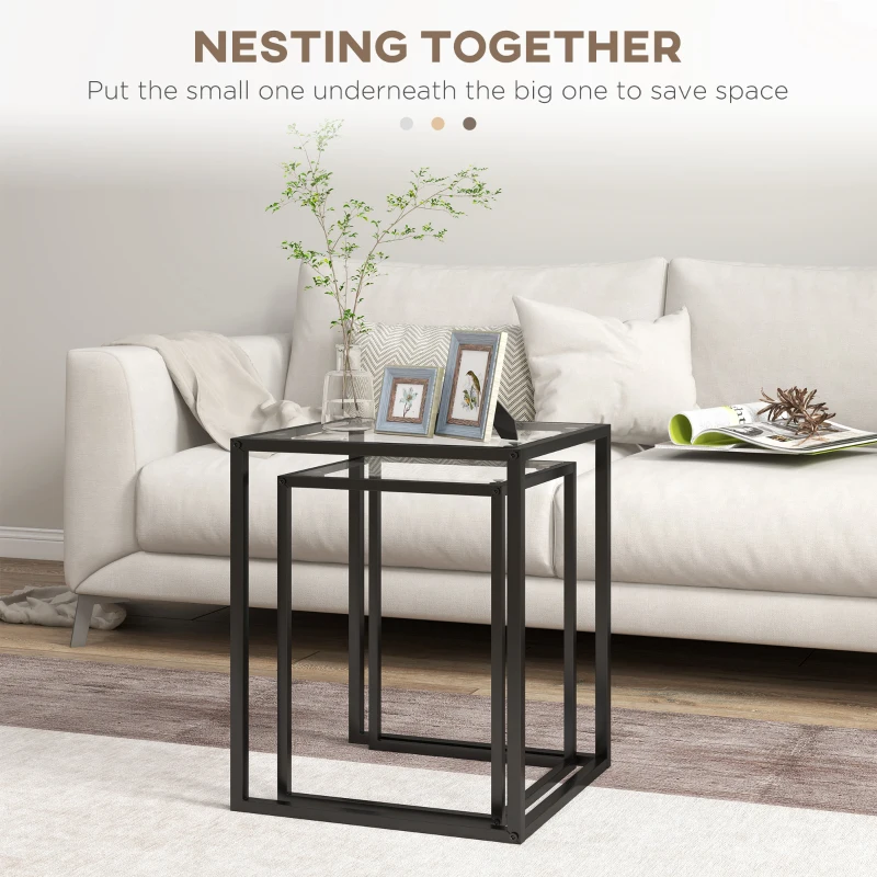 HOMCOM Nesting Tables Set of 2, Side End Table with Tempered Glass Top and Steel Frame for Living Room, Bedroom, Black