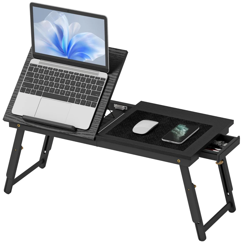 HOMCOM Foldable Adjustable Bed Table, Bamboo Laptop Bed Top with Tilting Surface 83.5x33x34cm black