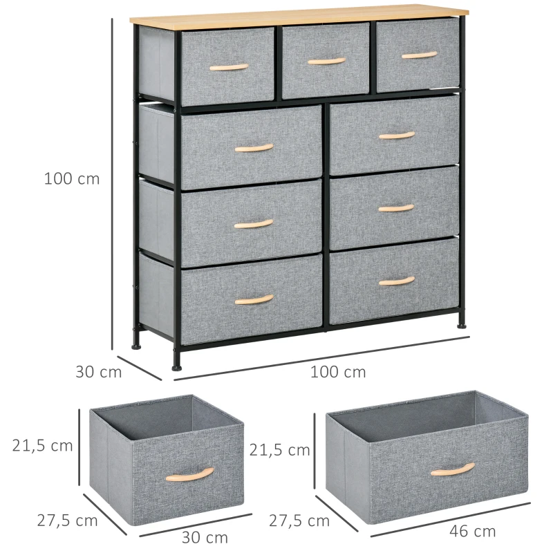 HOMCOM 9-drawer dresser fabric folding drawers storage unit - black steel frame - 100 x 30 x 100 cm, oak and grey