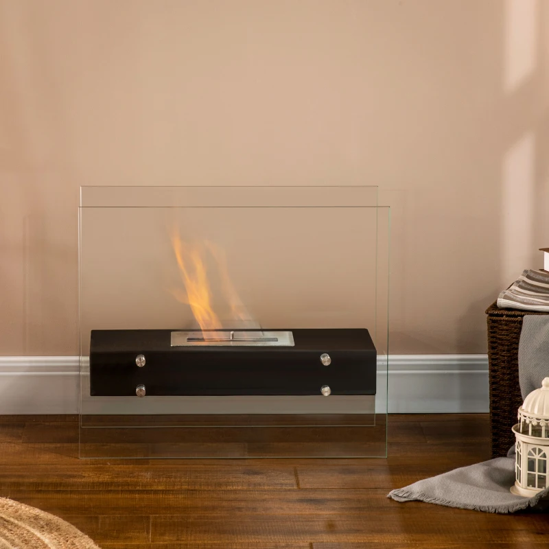 HOMCOM Cheminée éthanol à Poser en métal et Verre trempé avec réservoir 1,5 L, environ 3 h de durée de combustion Couverture 25 m² - dim. 60L x 26l x 50H cm