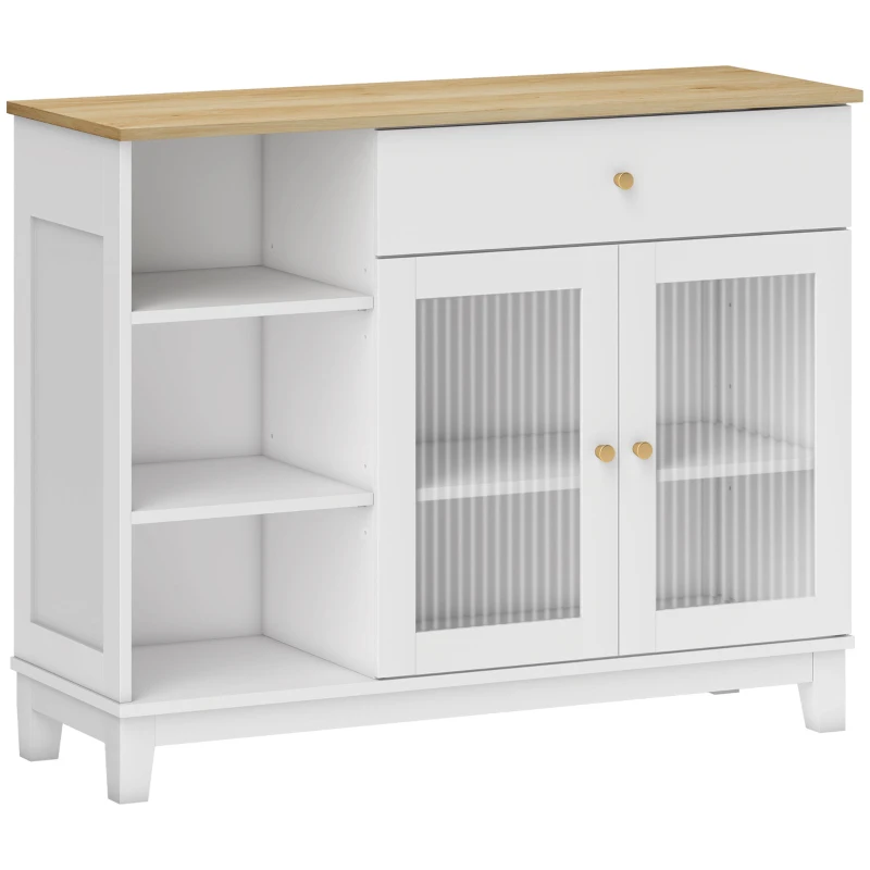 HOMCOM Sideboard with grooved tempered glass doors, drawer, 3 open compartments and adjustable shelves, white