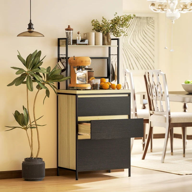 HOMCOM Industrial-style kitchen cabinet with 3 drawers, worktop, shelf and 4 hooks, 60x40x132cm