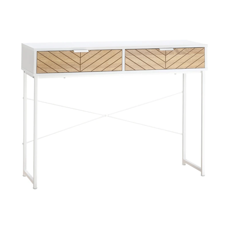 HOMCOM Industrial Console Table 2 Drawers Sculpted Oak Wood Effect Chevron Pattern Metal Legs White