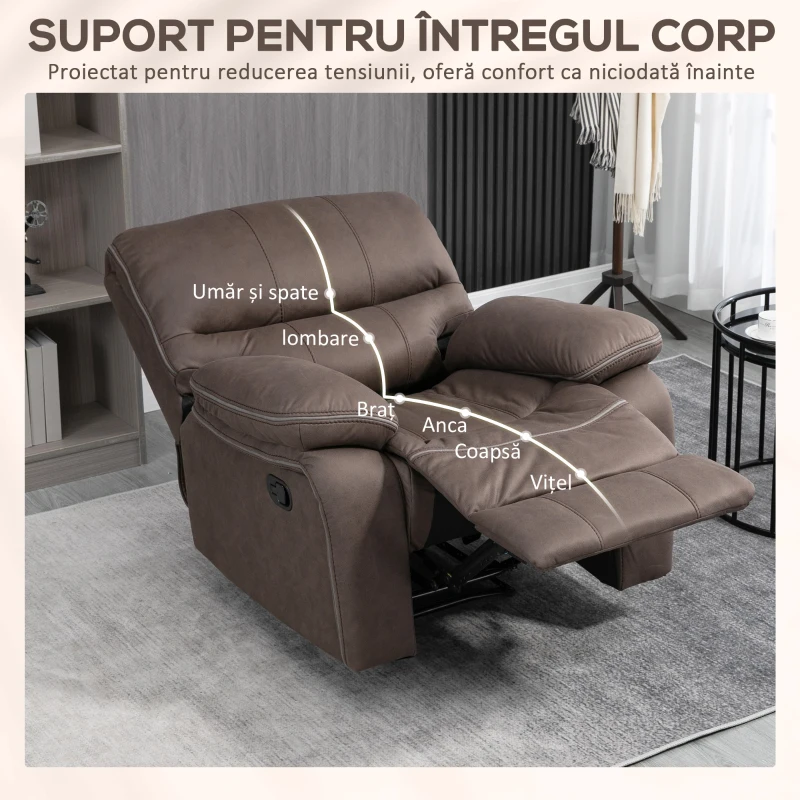 HOMCOM Fotoliu Relax cu inclinare manuala si suport pentru picioare, husa din microfibra si captuseala suplimentara, 97x90x96cm, maro(m-6)