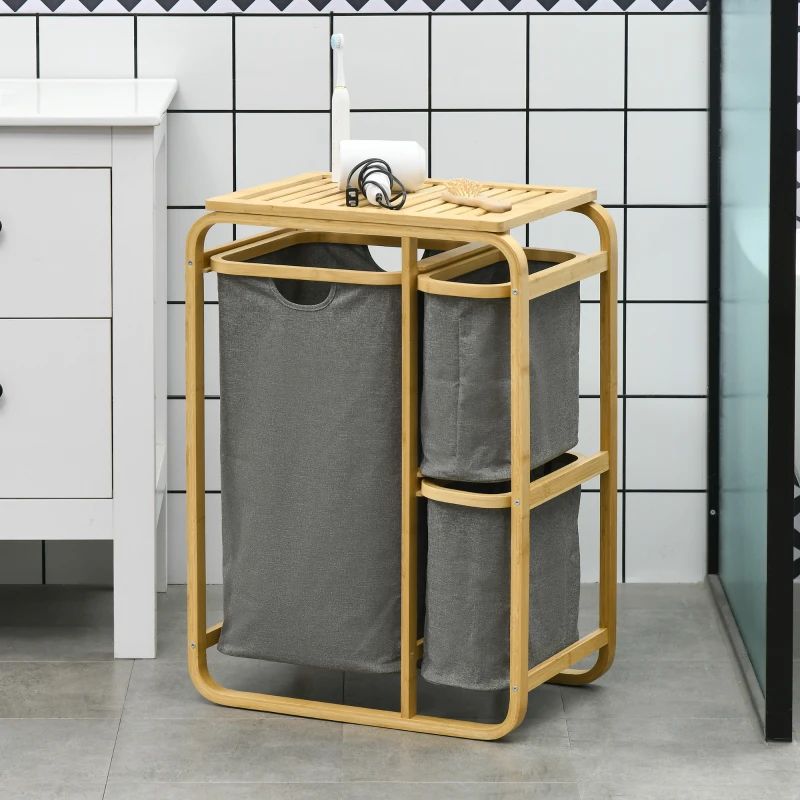 HOMCOM Bamboo laundry basket storage bin laundry hamper with 3 baskets - 49l x 33P x 70H cm gray