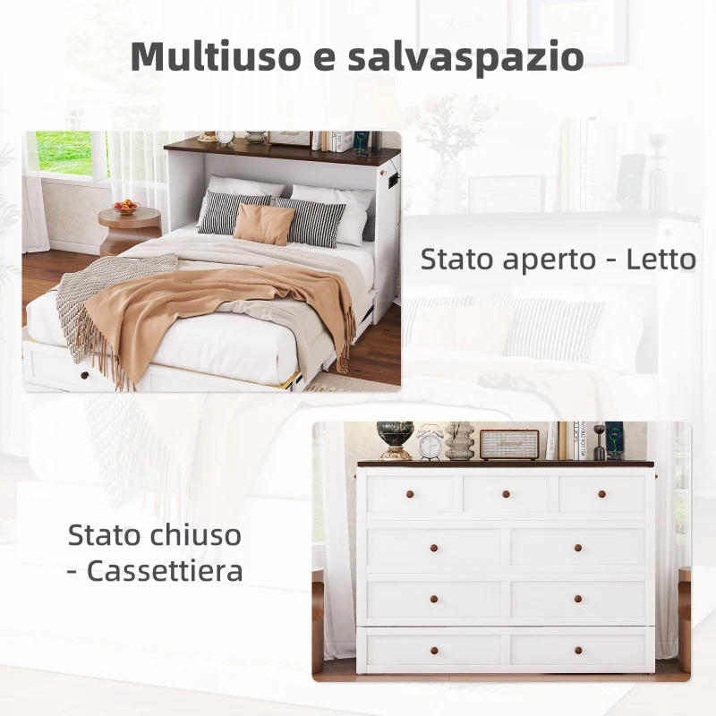 Letto a scomparsa 140x200 cm, letto a piattaforma mobile con cassetti e ripiani, trasformabile e salvaspazio, senza materasso, Bianco