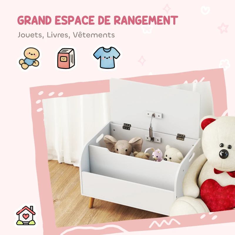 AIYAPLAY Coffre à jouet enfant, coffre de rangement enfant, couvercle rabattable et compartiment ouvert, 60x40x43cm, blanc