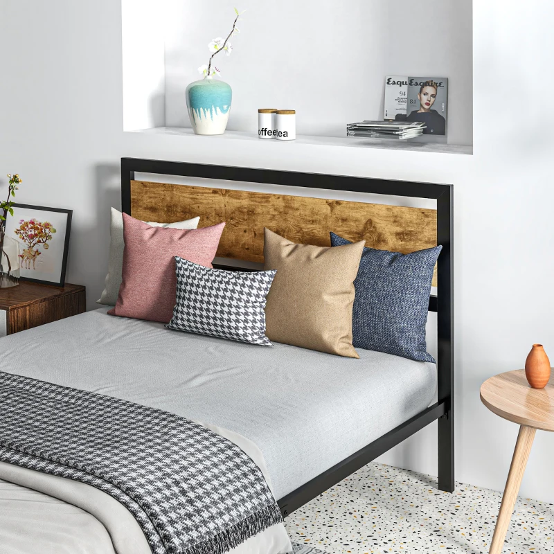 HOMCOM Cadru Pat de o persoana din Lemn si Otel cu Sipci in Stil Industrial, 140x200cm, Negru / Maro Rustic