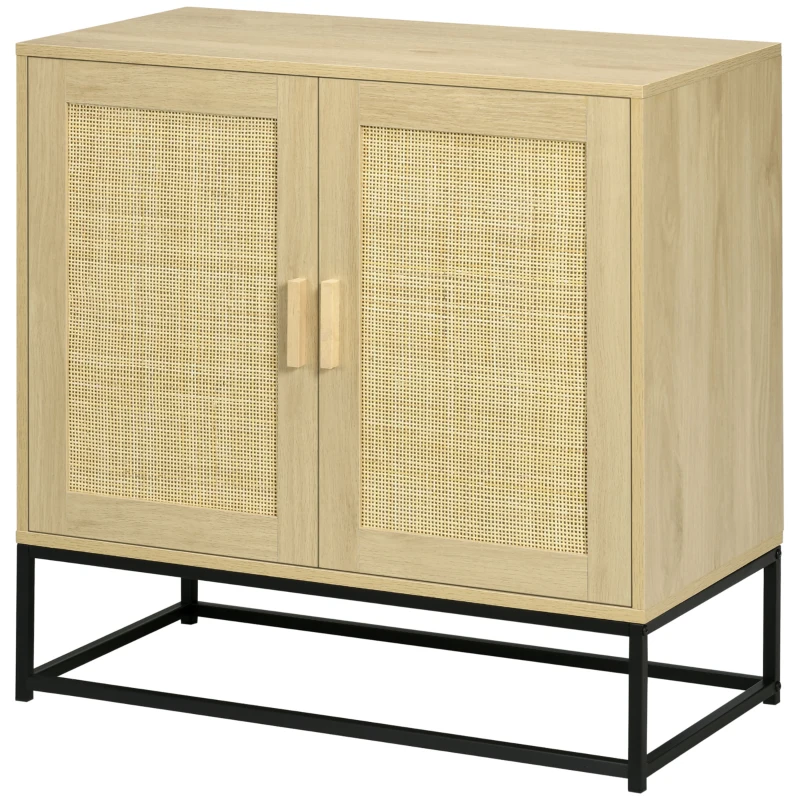 HOMCOM Low bohemian-style sideboard with 2-door cabinet woven rattan adjustable-height shelf 80 x 40 x 80 cm natural