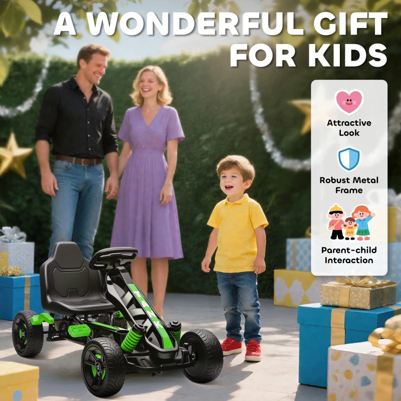 AIYAPLAY Pedal Go Kart for Kids Aged 3-6 Years, with Freewheel System, Brake, EVA Anti-Slip Wheels, Green