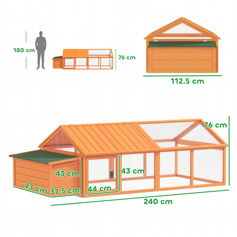 PawHut Coteț pentru Găini de Exterior cu Acoperiș Rabatabil și Ușă Largă Pentru 4-8 Găini, 240x112,5x76 cm, Portocaliu(m-3)