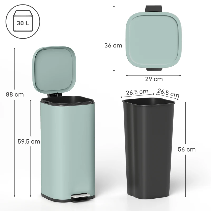 HOMCOM 30L Kitchen Bin, Compact Pedal Bin with Soft-Close and Stay-Open Lid, Removable Bucket for Kitchen, Home, Office, Green