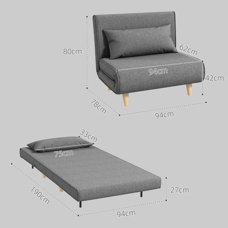 HOMCOM Einzelsofa Schlafsofa Sofabett Klappsofa verstellbar Rückenlehne Liege nordisch skandinavisch 25D Schaumstoff Haus Leinenimitat Kautschukholz Grau 94 x 78 x 80 cm