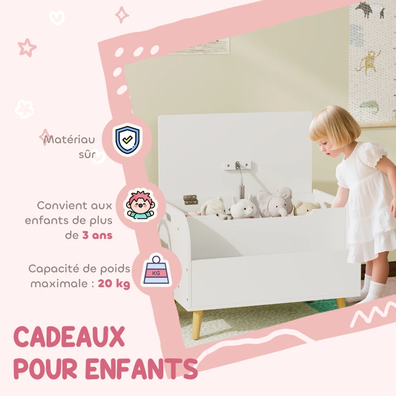 AIYAPLAY Coffre à jouet enfant, coffre de rangement enfant, couvercle rabattable et compartiment ouvert, 60x40x43cm, blanc