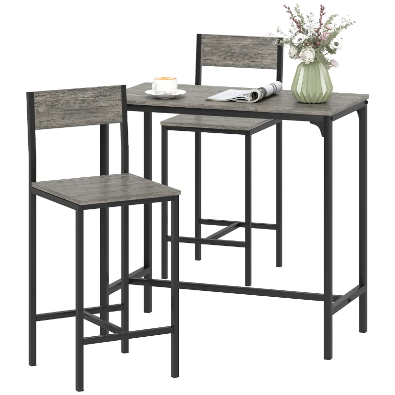 HOMCOM 3-Piece Bar Table Set with 2 Stools, Industrial Breakfast Bar Set with Footrest, Backrest for Dining Room, Small Space