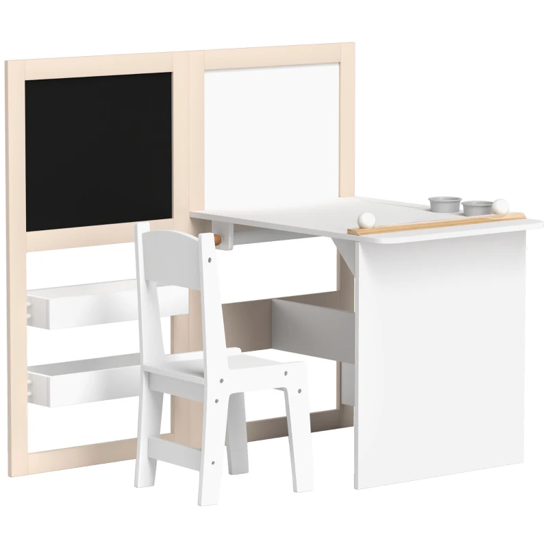 AIYAPLAY 3 in 1 Kids Table and Chair Set with Storage, Whiteboard, Blackboard & Roll Paper for 3-8 Years, White