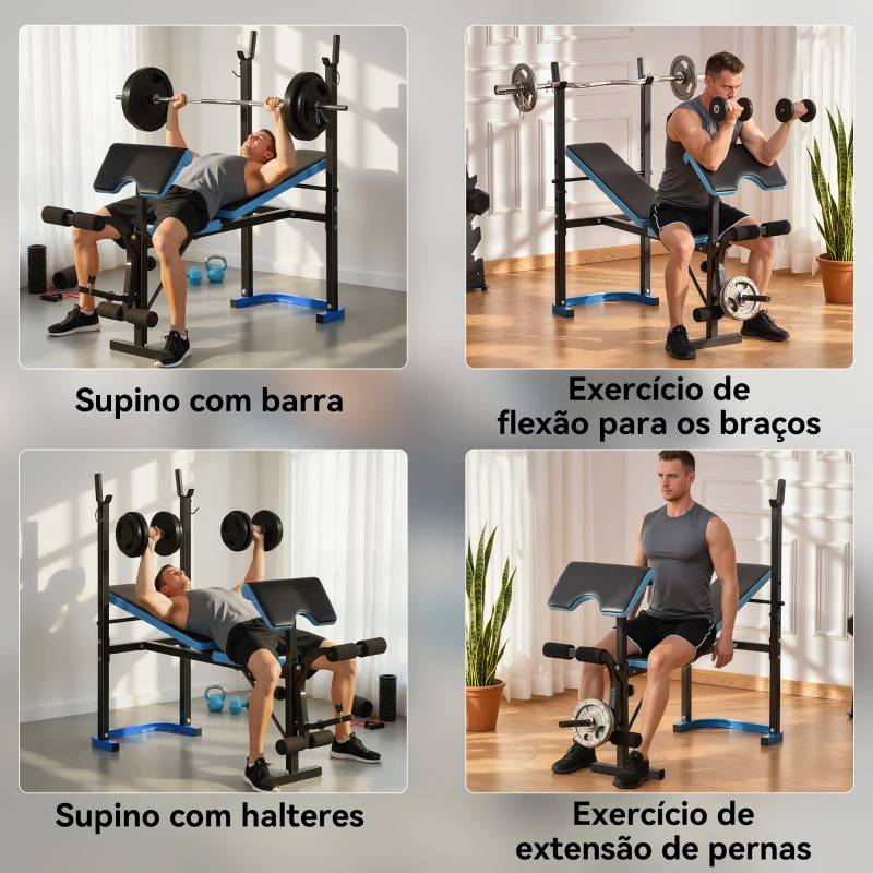 HOMCOM Banco de Musculação Multifuncional com Suporte para Barras e Encosto Ajustável 155x56,5x120 cm Preto e Azul