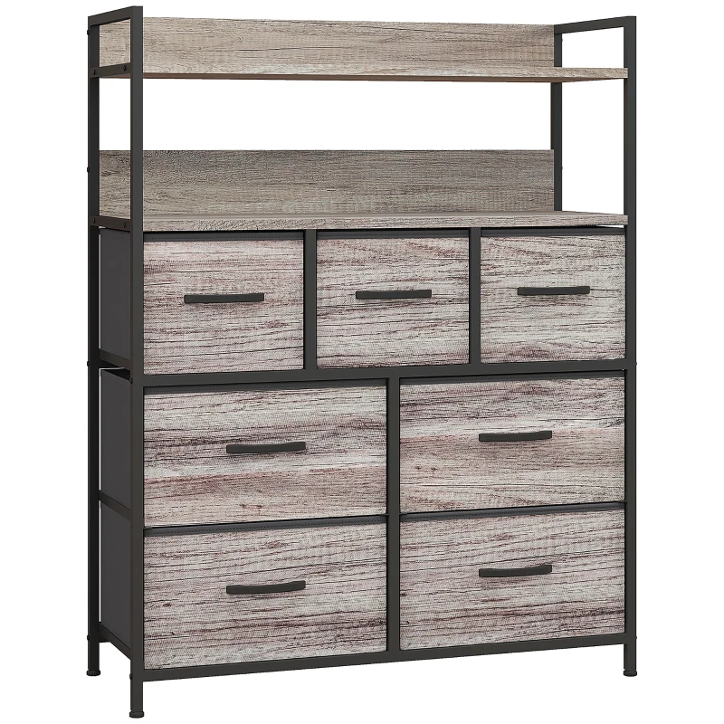 HOMCOM Rustic Chest of Seven Fabric Drawers - Grey Wood Effect