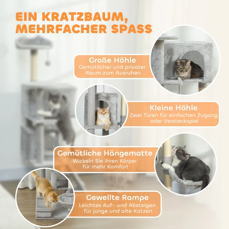 PawHut 140 cm Katzenkratzbaum, mehrere Ebenen, Sisal-Kratzpfosten, Höhlen, Plüsch-Plattformen, Hängematte, Leiter, Spielbälle
