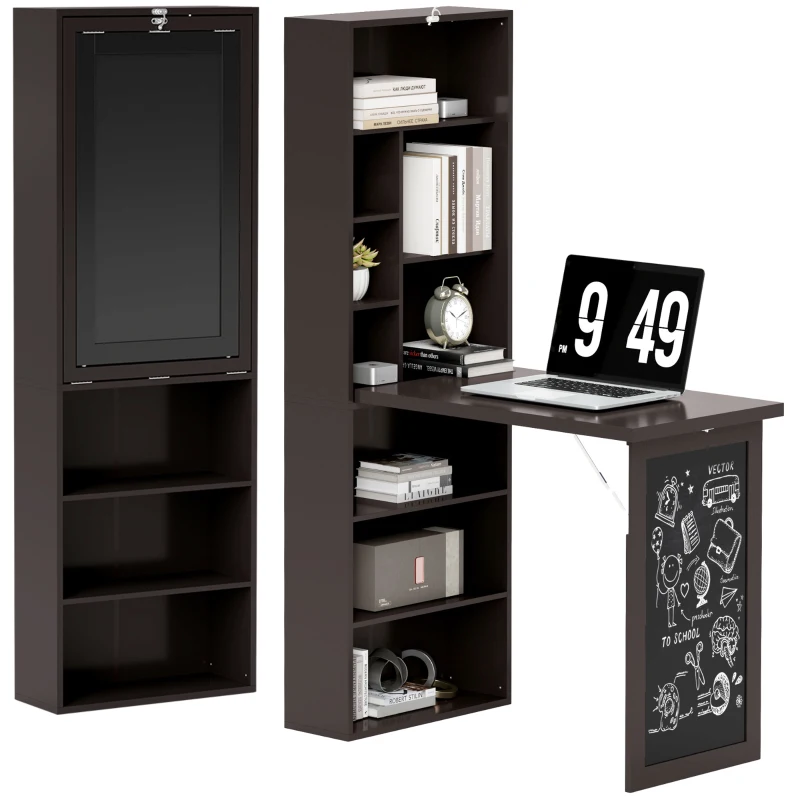HOMCOM Foldable wall-mounted storage desk with bookshelf, workstation, chalkboard and adjustable shelf