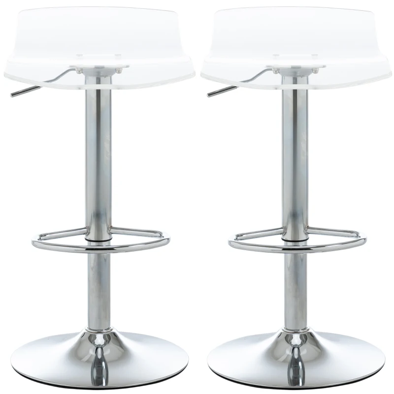 HOMCOM Set of 2 Contemporary Bar Stools with Acrylic Seat and Metal Base - 360° Swivel - Height Adjustable with Footrest - Transparent