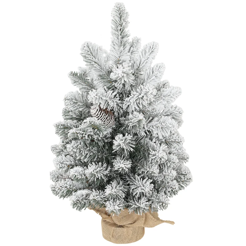 HOMCOM Mini Artificial Christmas Tree 60 cm Snow-Flocked Fir Tree, 72 Tips 6 Pine Cones Cement Base