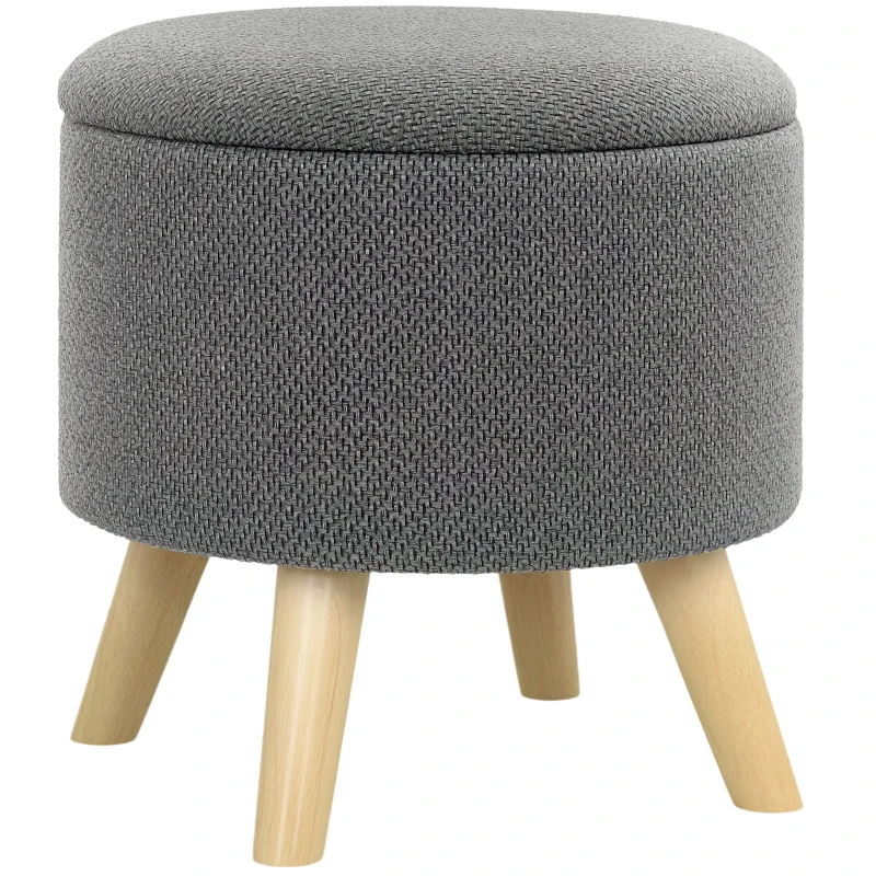 HOMCOM Round Ottoman Footstool with Storage Compartment and Wooden Legs, Modern Gray