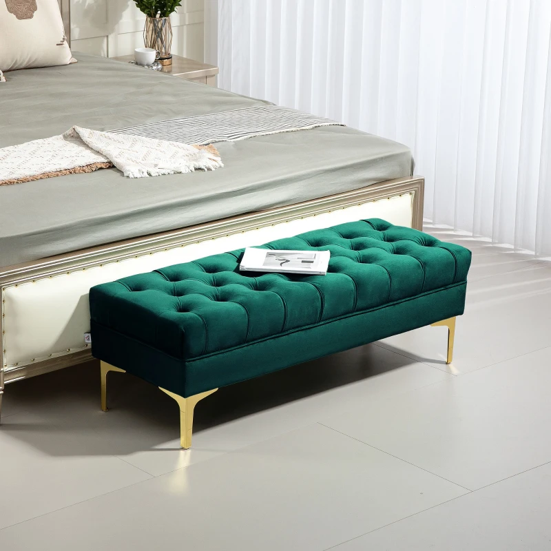 HOMCOM Tufted end-of-bed bench classic chic style dim. 118L x 45l x 42H cm gold metal legs green velvet