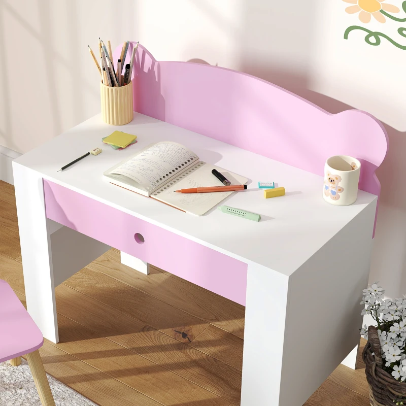 AIYAPLAY Desk set for children, work table and chair with bear shape, drawer, for writing and crafting, 3-8 years, Pink