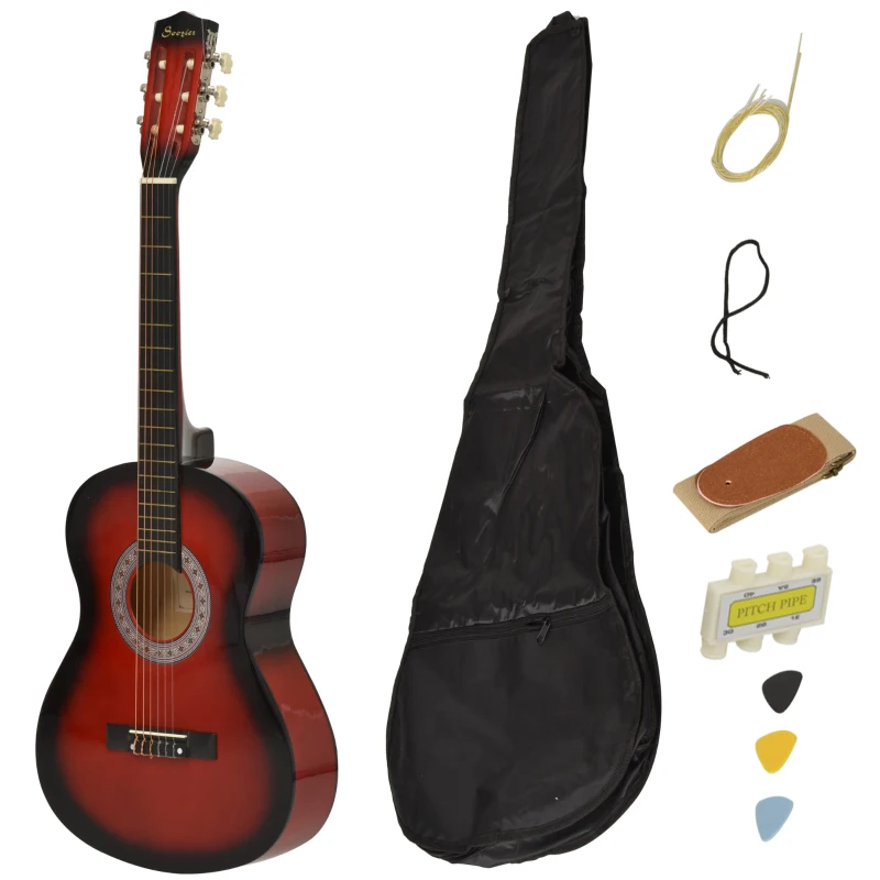 HOMCOM 36" 3/4 Beginner Acoustic Guitar Set, with Protective Case, Red