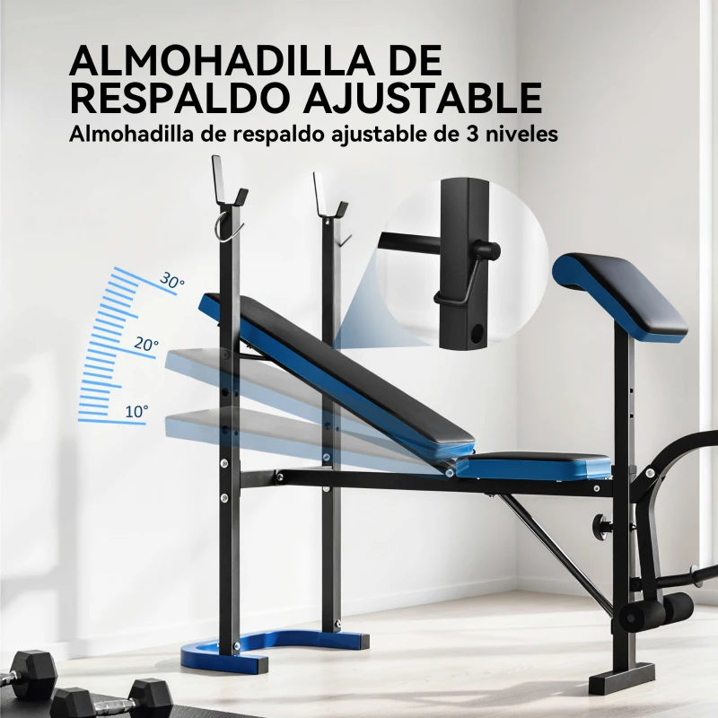 HOMCOM Banco de Musculación Banco de Pesas con Soporte para Barra y Respaldo Ajustable para Entrenamiento en Casa Gimnasio Azul