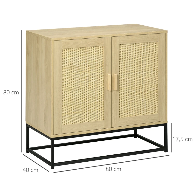 HOMCOM Low bohemian-style sideboard with 2-door cabinet woven rattan adjustable-height shelf 80 x 40 x 80 cm natural
