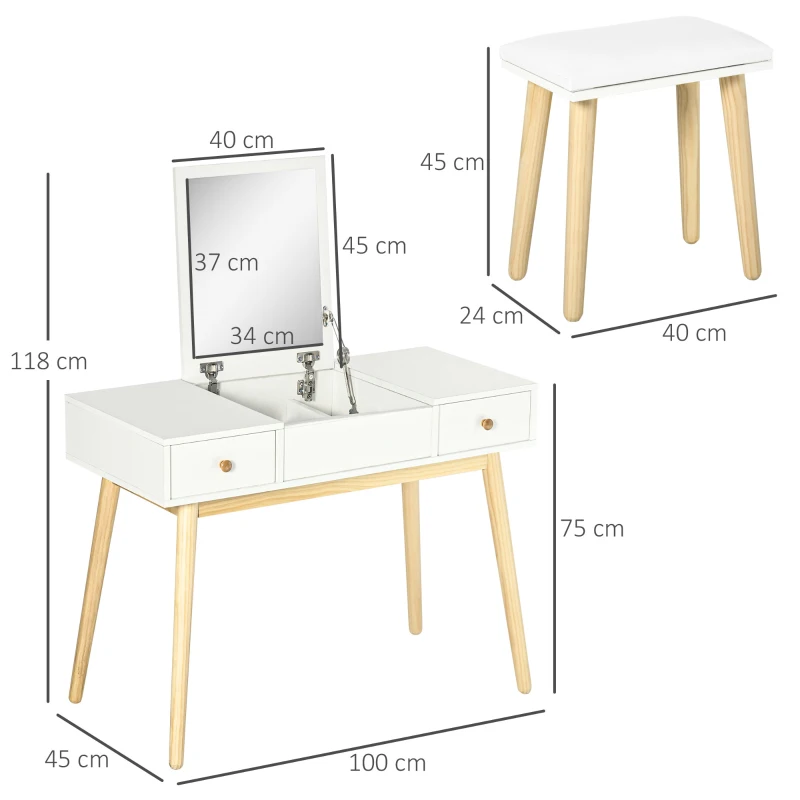 HOMCOM Vanity set with stool, foldable mirror, Scandinavian style, 2 drawers, 100 x 45 x 118 cm, white