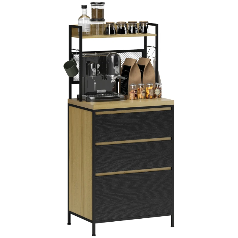 HOMCOM Industrial-style kitchen cabinet with 3 drawers, worktop, shelf and 4 hooks, 60x40x132cm