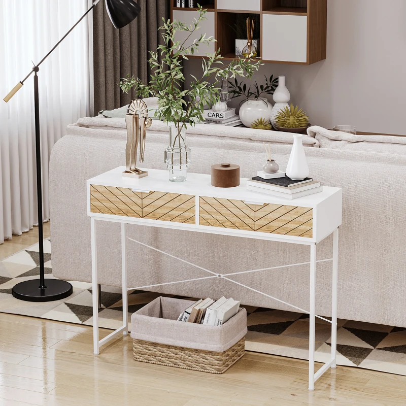 HOMCOM Industrial Console Table 2 Drawers Sculpted Oak Wood Effect Chevron Pattern Metal Legs White