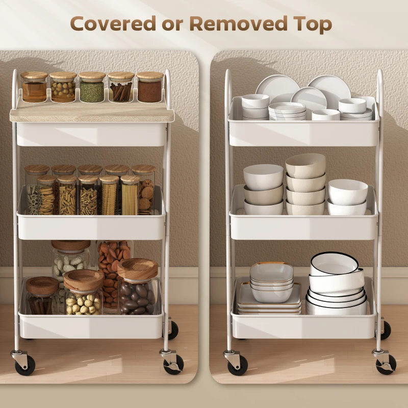 HOMCOM 3-Tier Kitchen Storage Trolley with on Wheels Cover Top Board - White and Oak