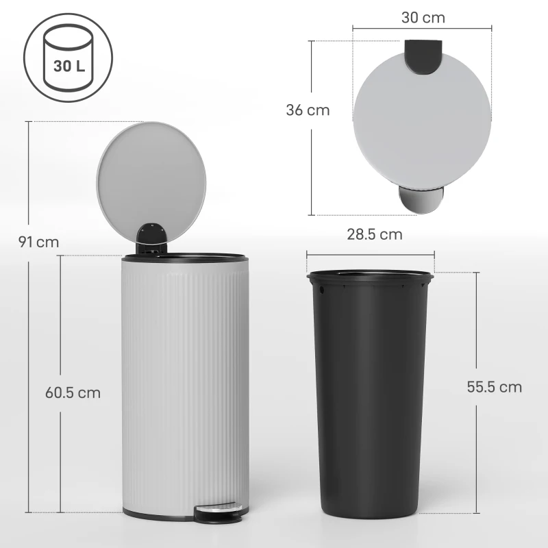 HOMCOM Kitchen bin 30 L, pedal bin with removable inner bucket, soft-closing lid, 36x30x60.5cm, gray