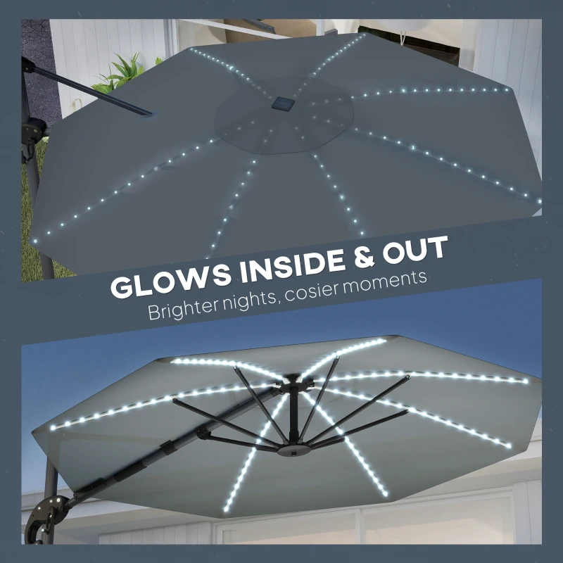 Outsunny 3(m) Cantilever Garden Parasol with Solar Powered Lights, Crank Handle & Cross Base, UPF 50+, 360° Rotation, Dark Grey