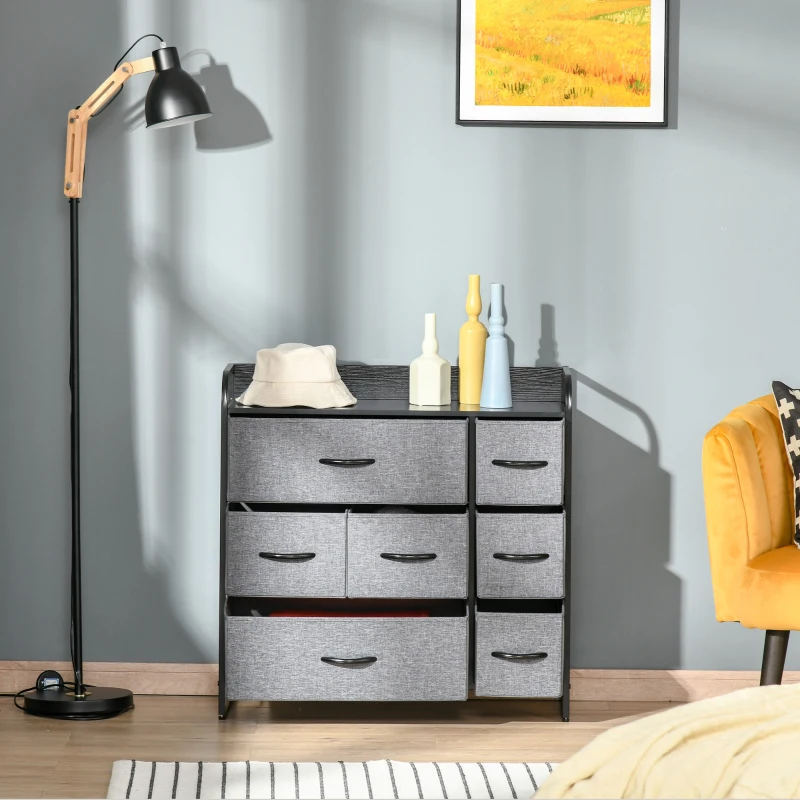 HOMCOM Chest of Drawers with 7 Foldable Drawers, 3-Tier Fabric Bedroom Dresser, Clothes Storage Unit for Bedroom, Living Room, Grey