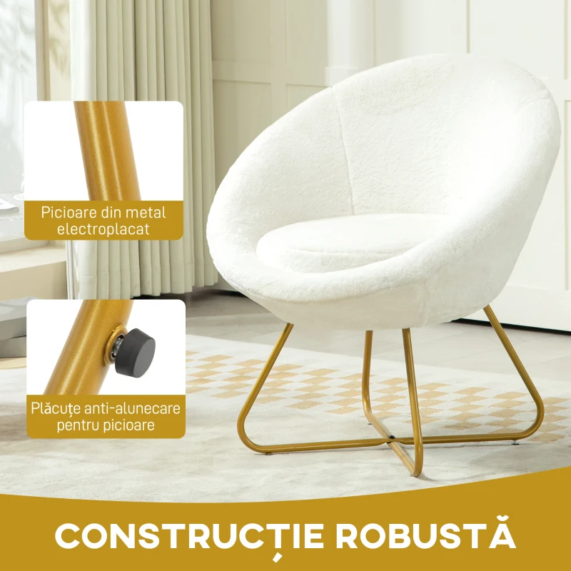 HOMCOM Fotoliu din Material cu Imitație Blană, Picioare Metalice Aurii și Tălpițe Antiderapante, 75x66x79 cm, Alb
