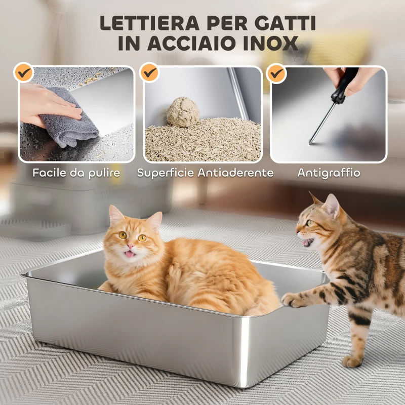 PawHut Lettiera per Gatti Chiusa da 80L con Vassoio Estraibile, in ABS e Acciaio Inox, 63x43x43 cm, Grigio Chiaro