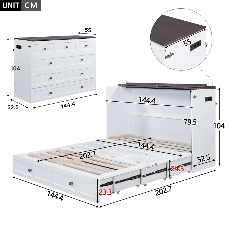 Letto a scomparsa 140x200 cm, letto a piattaforma mobile con cassetti e ripiani, trasformabile e salvaspazio, senza materasso, Bianco