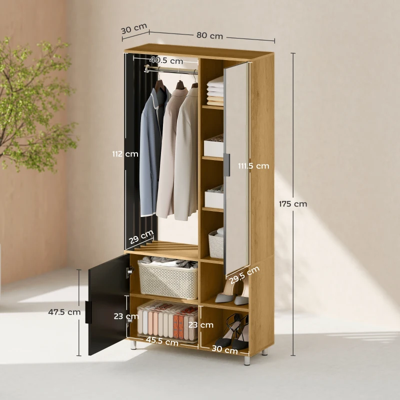HOMCOM Wardrobe with Mirror and Hanging Rail, Storage Compartments, Open Shelves, Natural Wood, Black