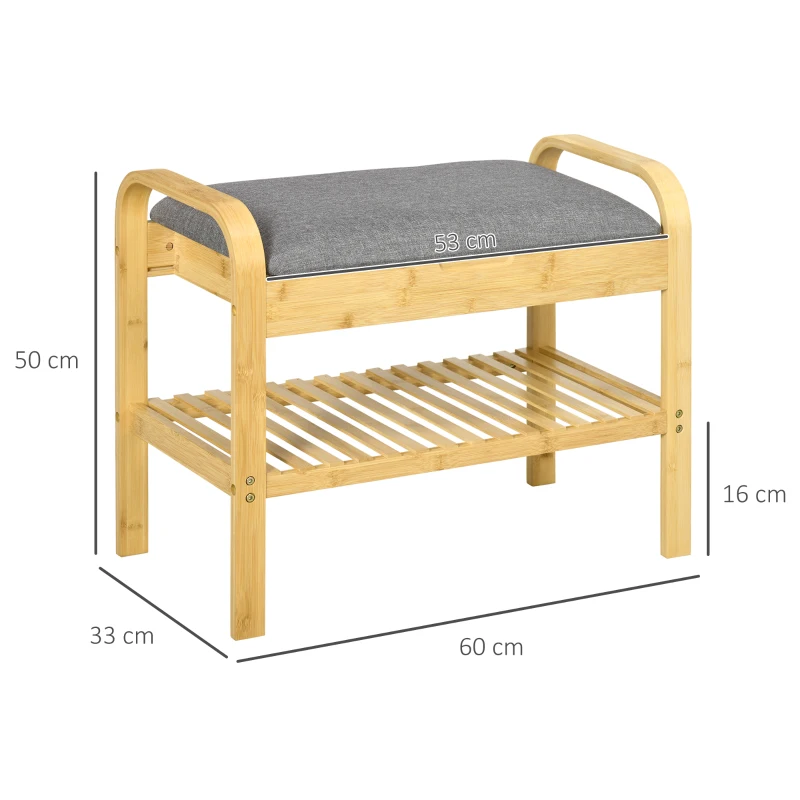 HOMCOM Shoe bench with seat cushion, hidden storage, bamboo slatted shelf, 60 x 33 x 50, natural
